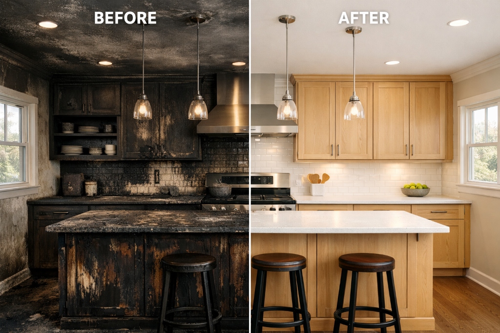 Fire damaged kitchen before and after restoration by Renovio