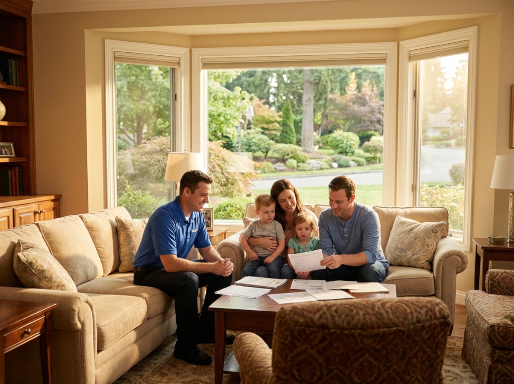 Renovio professional reviewing insurance documents with a family on their sofa