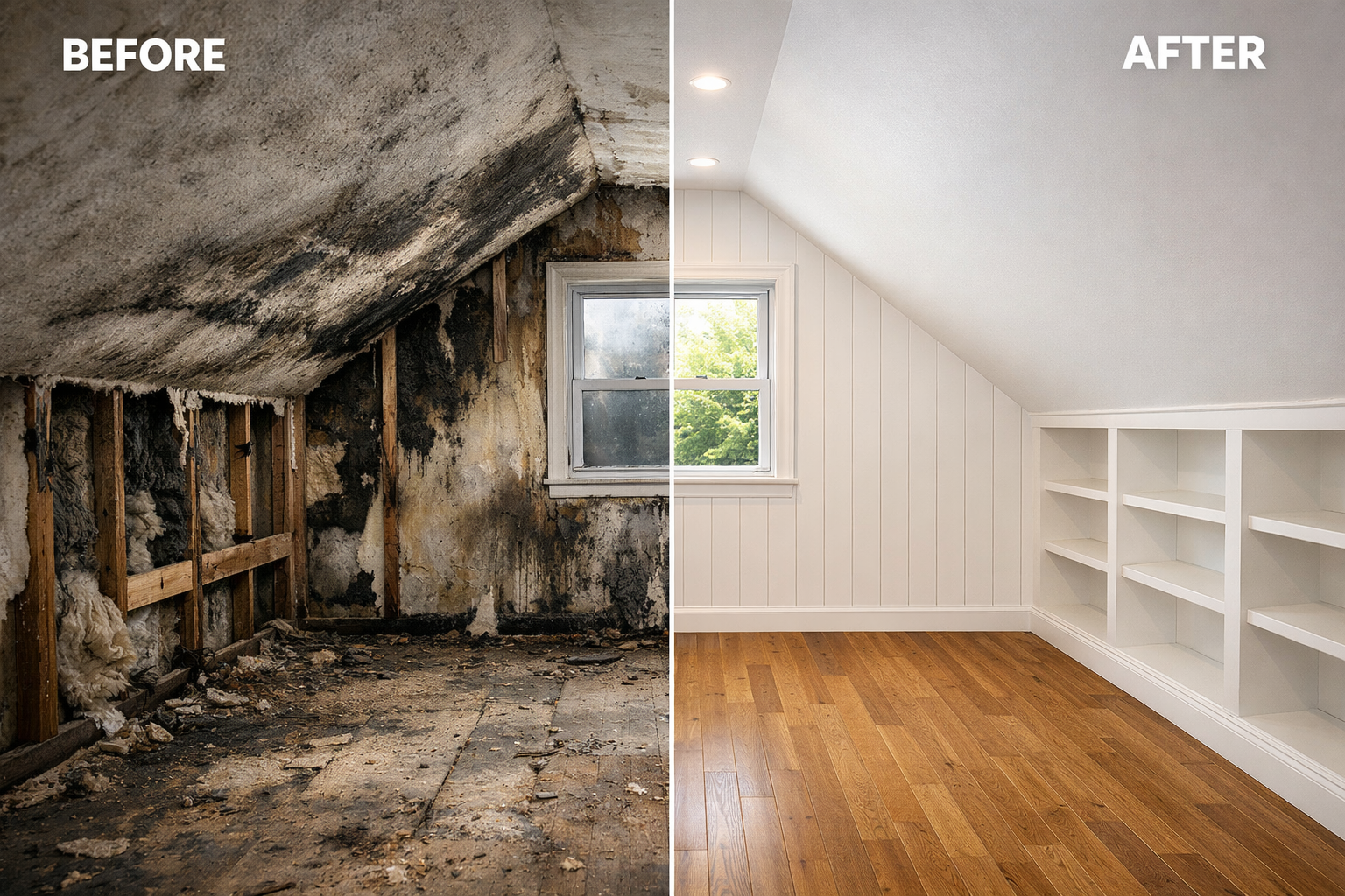 Before and after mold remediation in attic