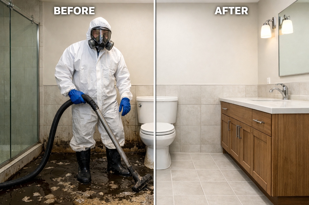 Before and after sewage backup cleanup — professional biohazard remediation